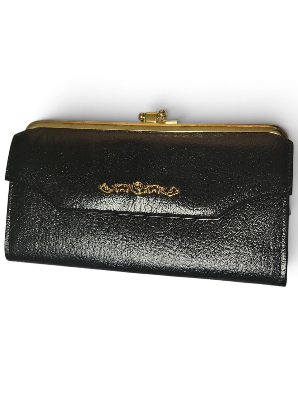 BUXTON Top Grain Cow Hide Black Wallet Clutch with Gold Accent, Kiss Lock.